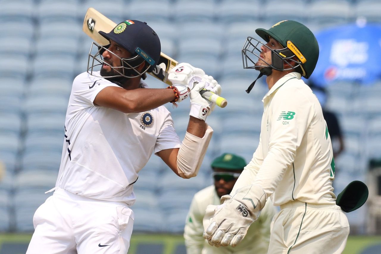 Cheteshwar Pujara dispatches a short ball, India v South Africa, 2nd Test, Pune, 1st day, October 10, 2019