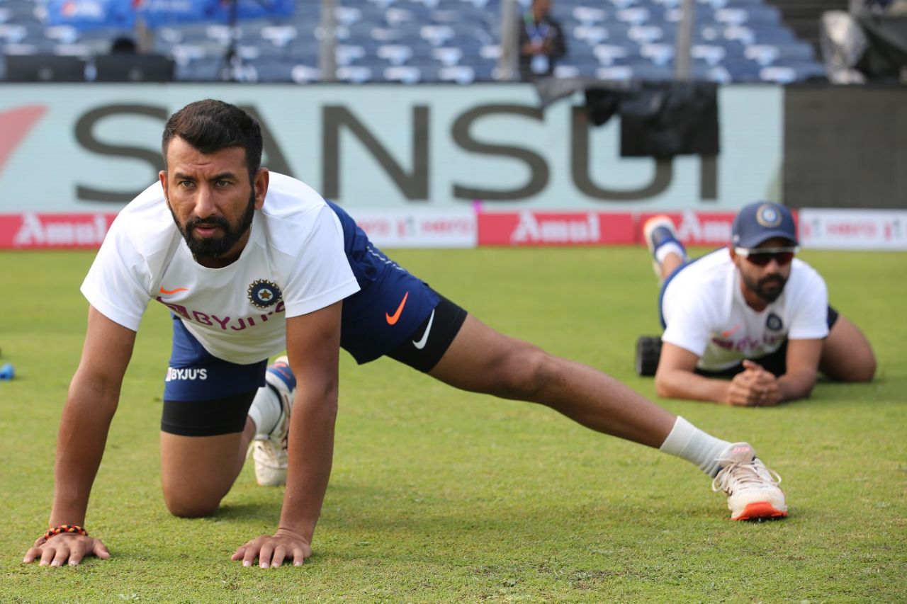 Cheteshwar Pujara warms up before the start of play, India v South Africa, 2nd Test, Pune, 1st day, October 10, 2019