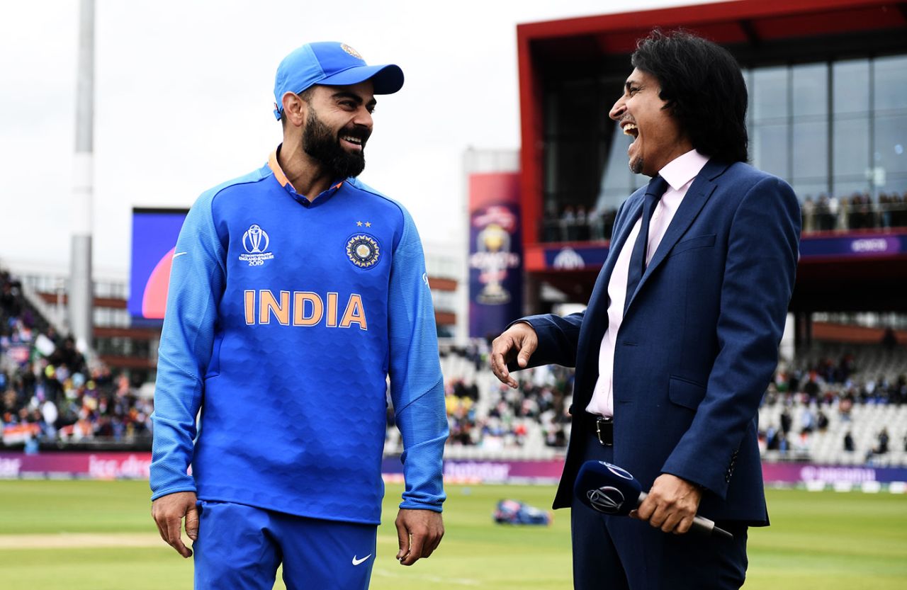Virat Kohli shares a laugh with commentator Ramiz Raja, India v Pakistan, World Cup 2019, Manchester, June 16, 2019
