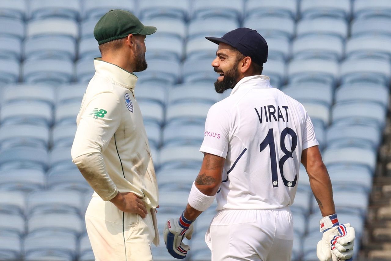 After being reprieved off a no-ball, Virat Kohli flashes a cheeky grin at a wry Aiden Markram, India v South Africa, 2nd Test, Pune, 2nd day, October 11, 2019