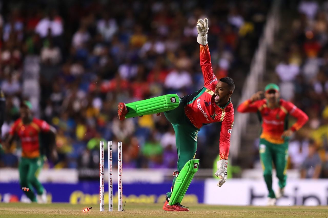 Nicholas Pooran partnered with Keemo Paul to effect two run outs, Guyana Amazon Warriors v Barbados Tridents, CPL 2019 final, Trinidad, October 12, 2019