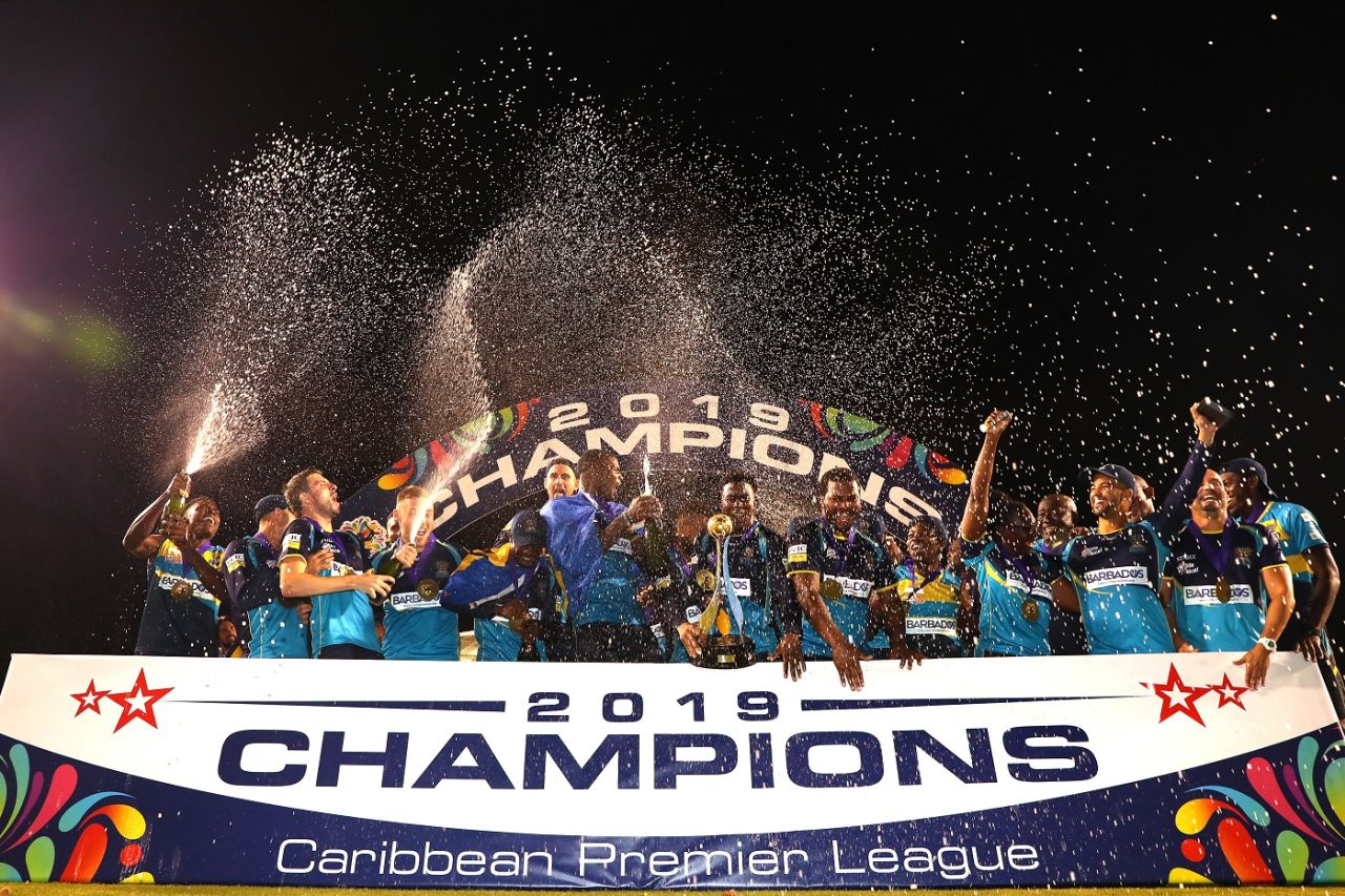 The Barbados Tridents players celebrate their win, Guyana Amazon Warriors v Barbados Tridents, CPL 2019 final, Trinidad, October 12, 2019