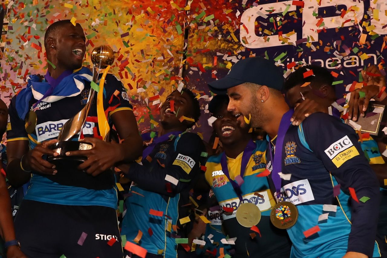 The Barbados Tridents players celebrate their win, Guyana Amazon Warriors v Barbados Tridents, CPL 2019 final, Trinidad, October 12, 2019