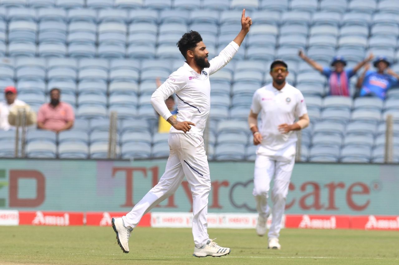Ravindra Jadeja wheels away after taking a wicket,  India v South Africa, 2nd Test, Pune, 4th day, October 13, 2019