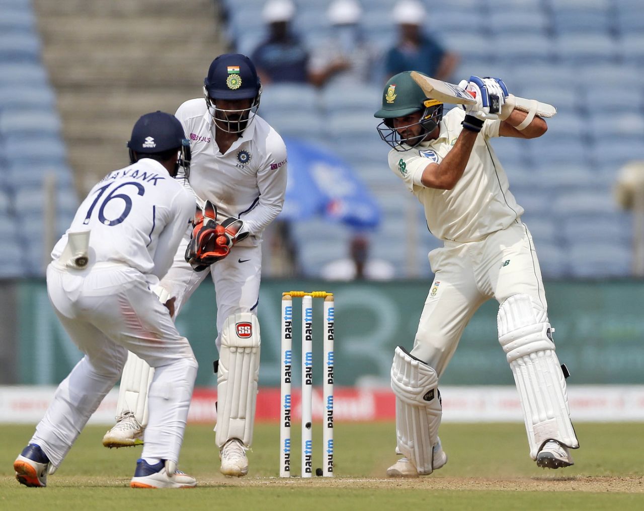 Keshav Maharaj punches off the back foot, India v South Africa, 2nd Test, Pune, 4th day, October 13, 2019