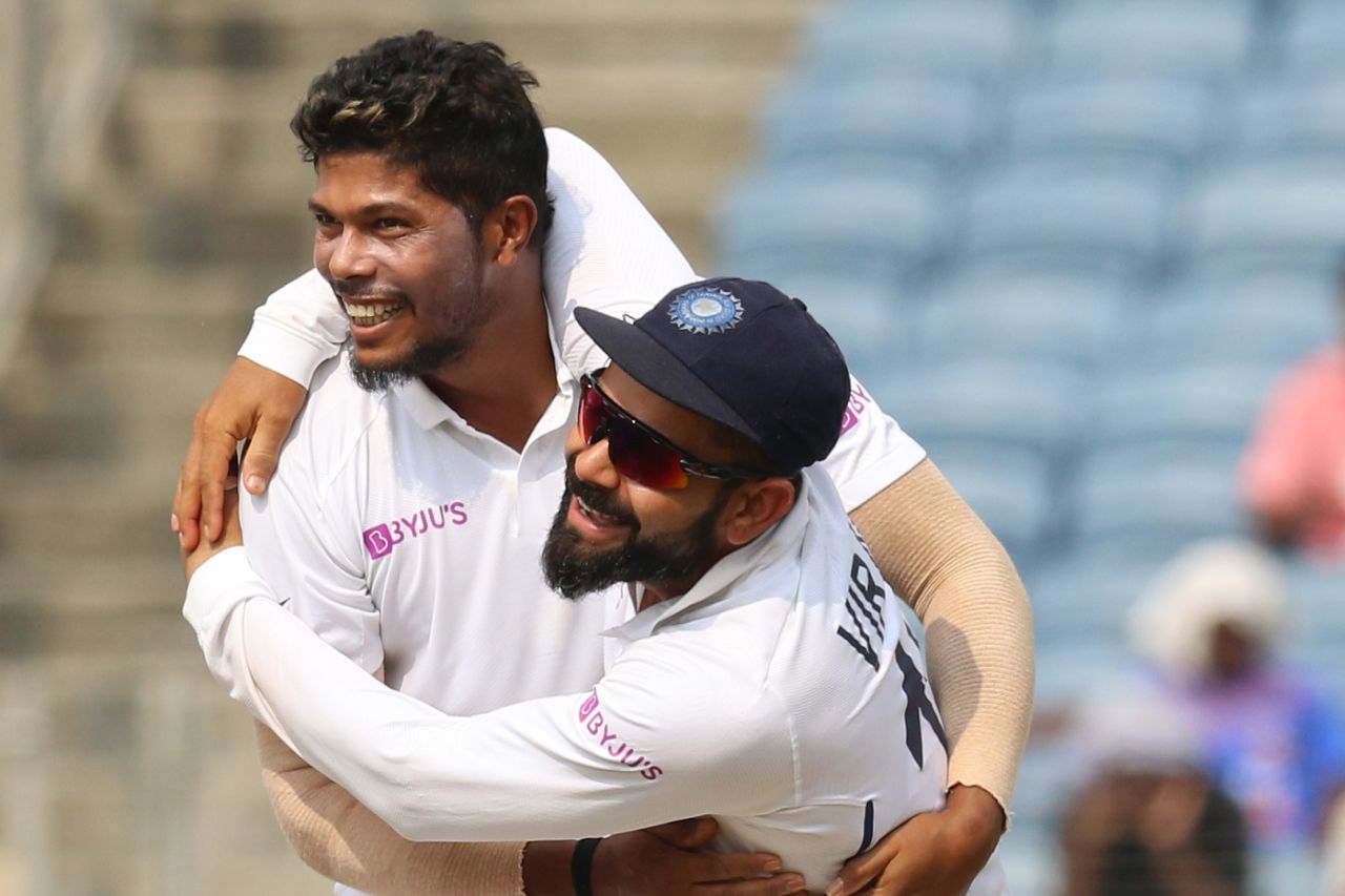 Umesh Yadav and Virat Kohli celebrate a wicket,  India v South Africa, 2nd Test, Pune, 4th day, October 13, 2019