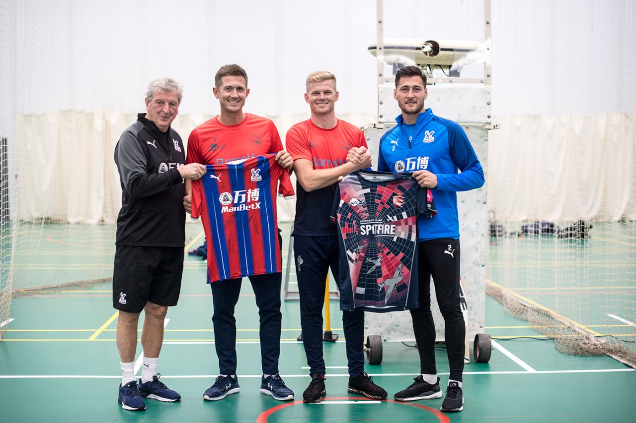 Kent cricketers Joe Denly and Sam Billings swap shirts with Crystal Palace manager Roy Hodgson and defender Joel Ward - October 2019