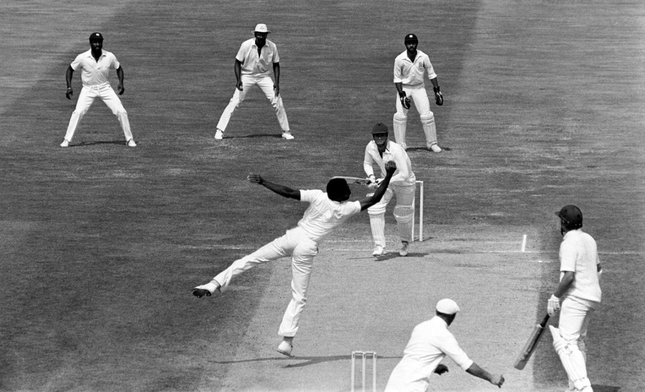 Jeff Dujon, Clive Llloyd and Viv Richards watch as Michael Holding takes a catch off his own bowling to dismiss Pat Pocock, England v West Indies, fifth Test, 5th day, The Oval, August 14, 1984