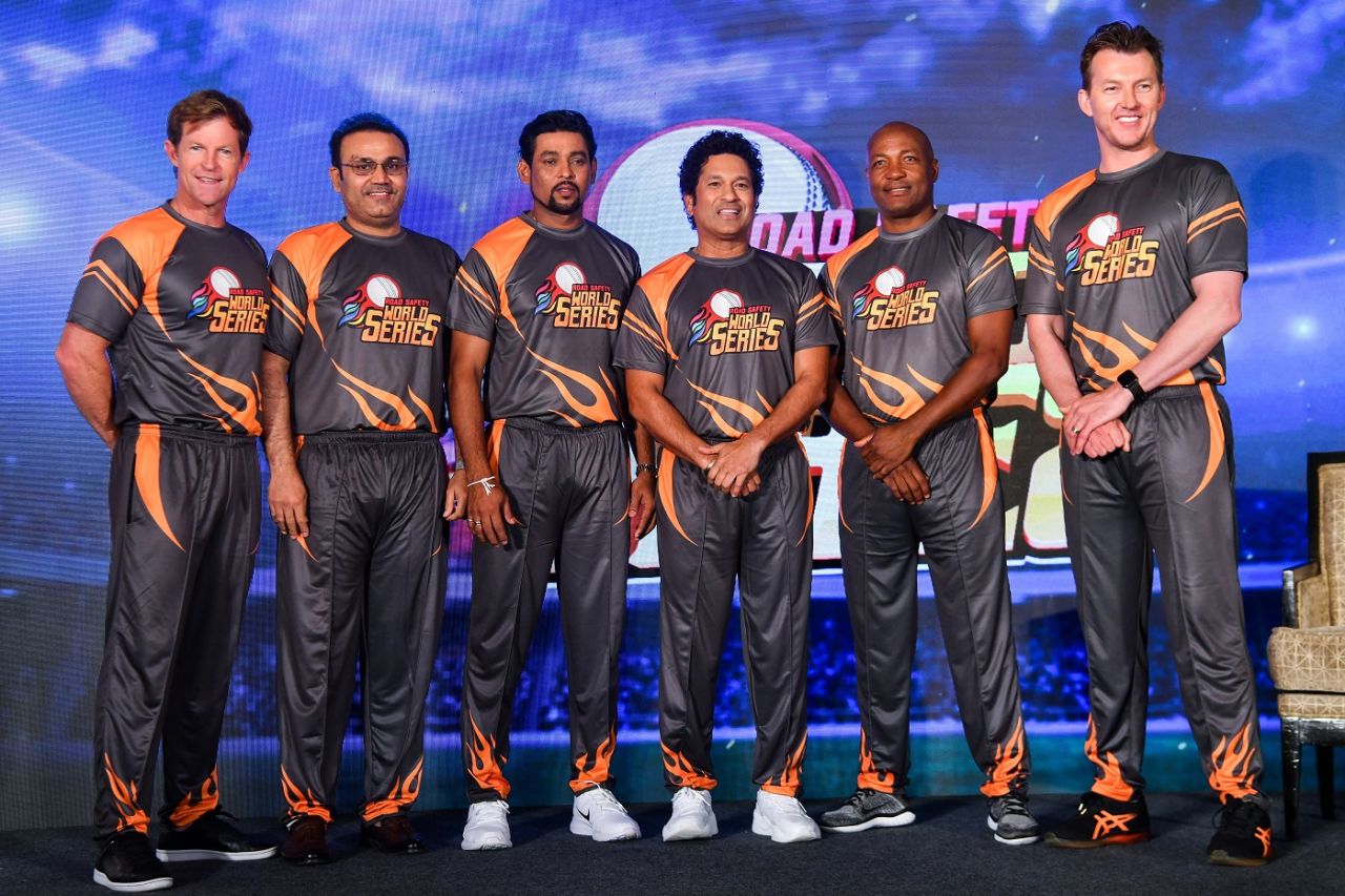 Jonty Rhodes, Virender Sehwag, Tillakaratne Dilshan, Sachin Tendulkar, Brian Lara and Brett Lee pose at an event to promote the Road Safety World Series T20 cricket league, Mumbai, October 17, 2019