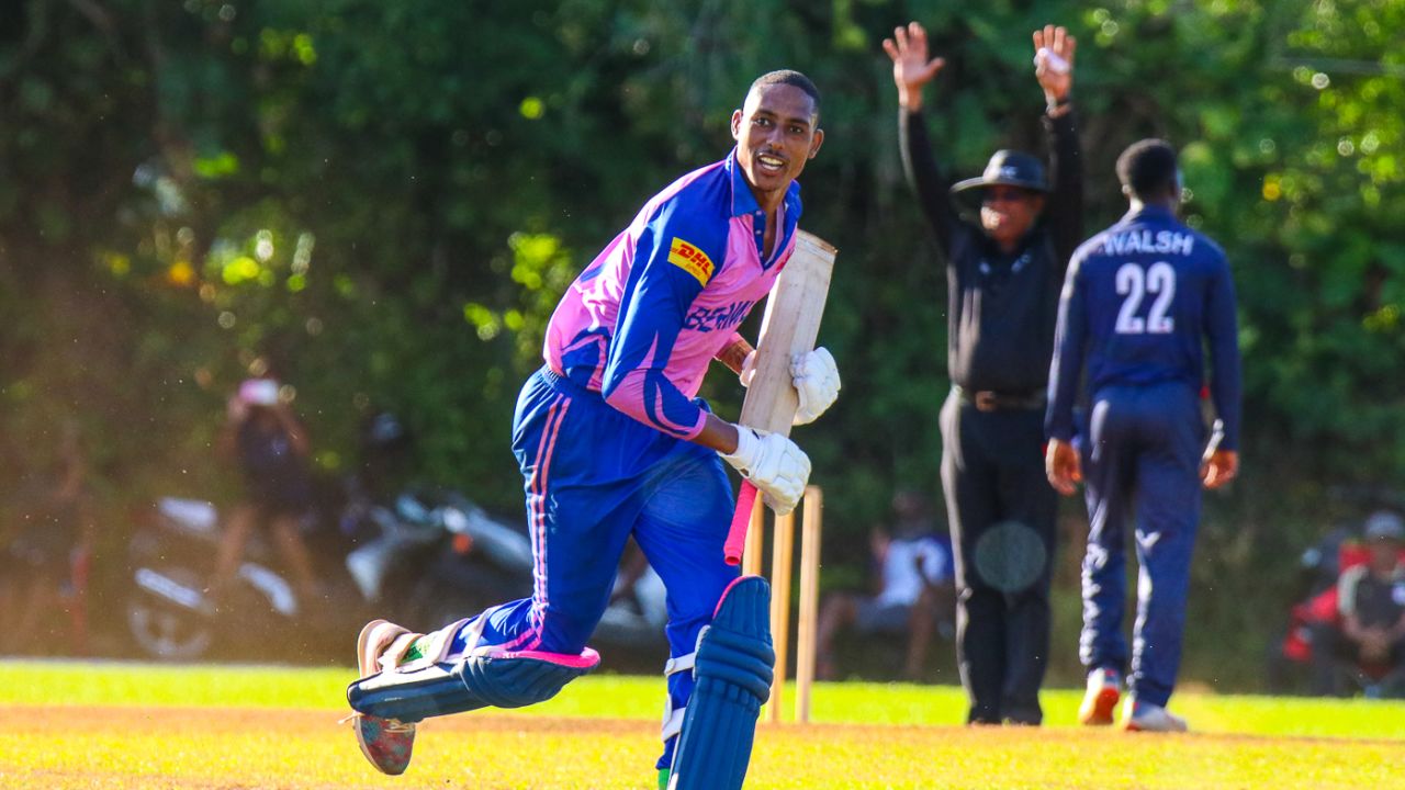 Deunte Darrell runs off after his six off Hayden Walsh Jr. clinched Bermuda's spot in the T20 World Cup Qualifier, Bermuda v USA, Americas Regional Final - T20 World Cup Qualifier, Sandys Parish, August 22, 2019