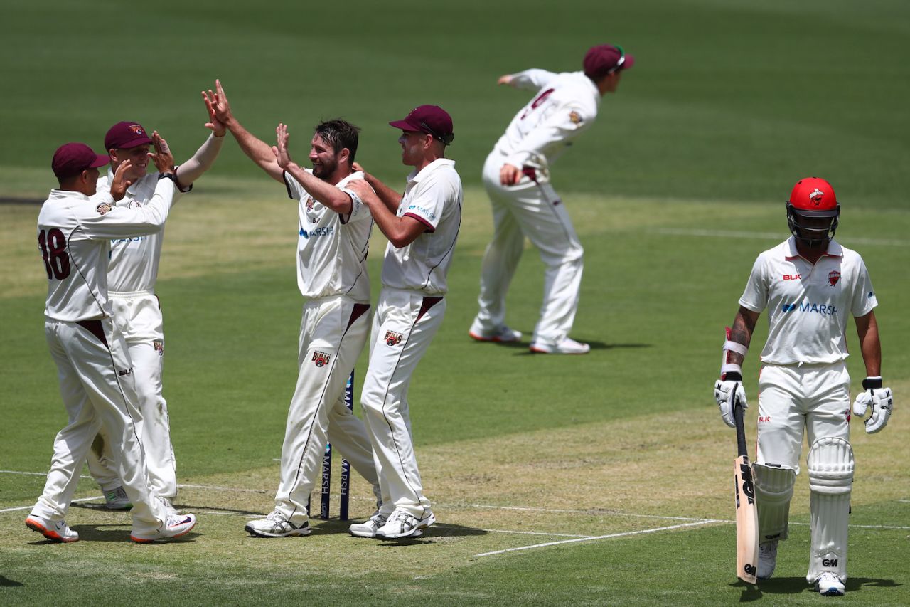 Michael Neser celebrates the wicket of Jake Weatherald, Queensland v South Australia, Day 1, Sheffield Shield, Round 2, October 18, 2019