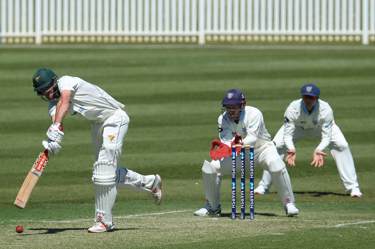 Beau Webster driving with the spin, New South Wales v Tasmania, Day 1, Sheffield Shield, Round 2, Sydney, October 18, 2019