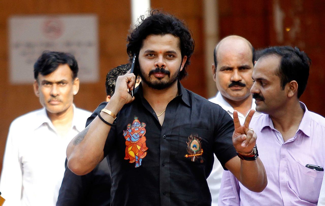Sreesanth outside a Delhi trial court after charges of match-fixing against him were dropped, Delhi, July 25, 2015