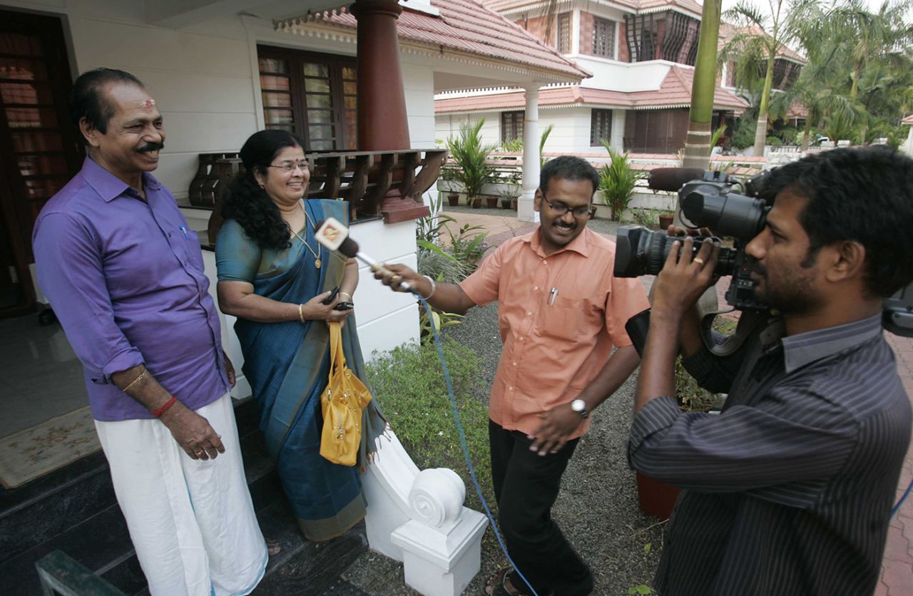 Sreesanth's parents are interviewed by a television channel after he was picked for the World Cup, Ernakulam, February 8, 2011