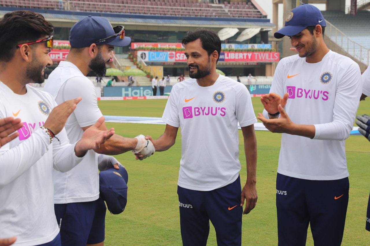 Shahbaz Nadeem was given his Test cap by Virat Kohli, India v South Africa, 3rd Test, Ranchi, 1st day, October 19, 2019