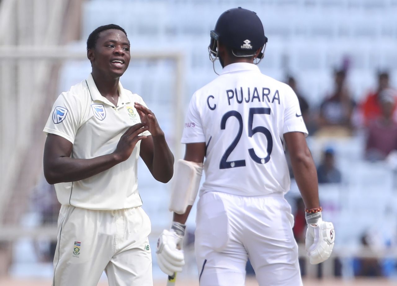 Kagiso Rabada convinces his captain to review a leg before against Cheteshwar Pujara, India v South Africa, 3rd Test, Ranchi, 1st day, October 19, 2019