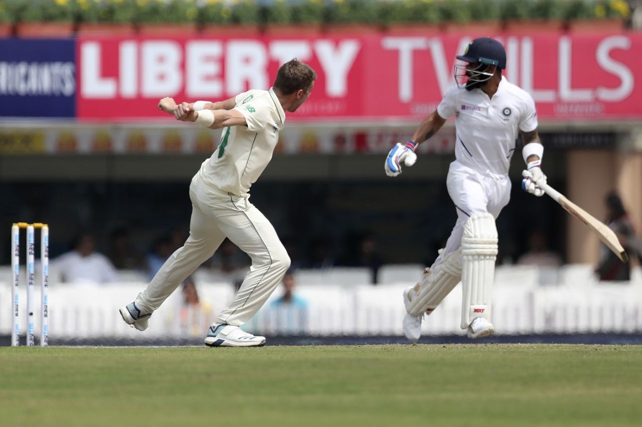 Anrich Nortje celebrates the wicket of Virat Kohli, India v South Africa, 3rd Test, Ranchi, 1st day, October 19, 2019