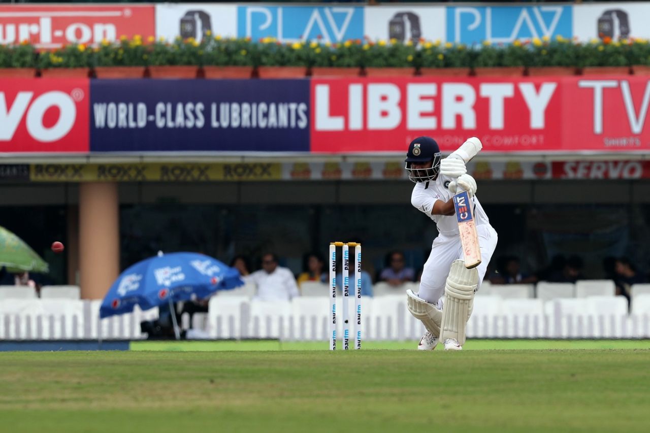 Ajinkya Rahane defends one, India v South Africa, 3rd Test, Ranchi, 1st day, October 19, 2019
