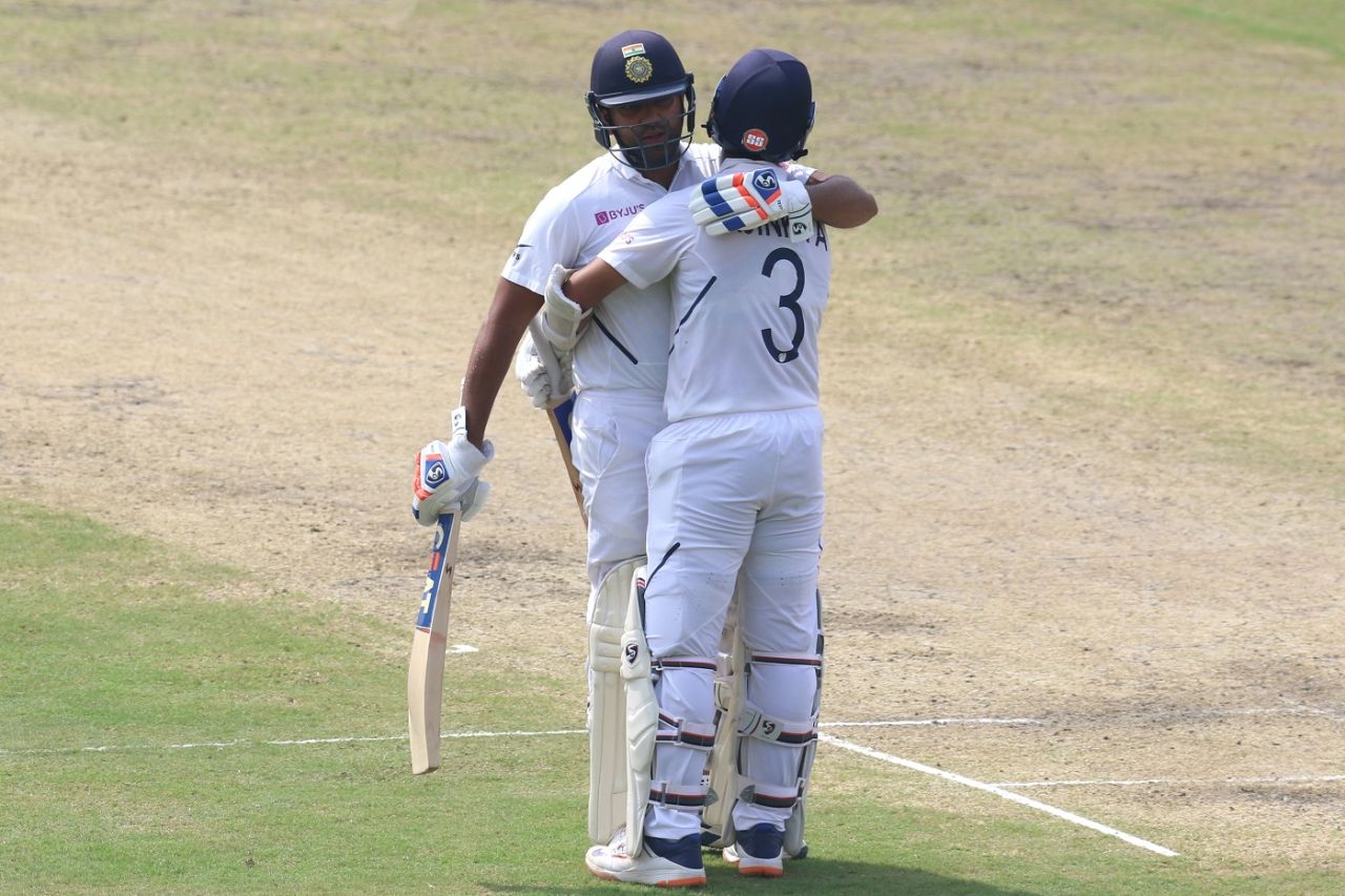 Rohit Sharma and Ajinkya Rahane embrace each other, India v South Africa, 3rd Test, Ranchi, 2nd day, October 20, 2019