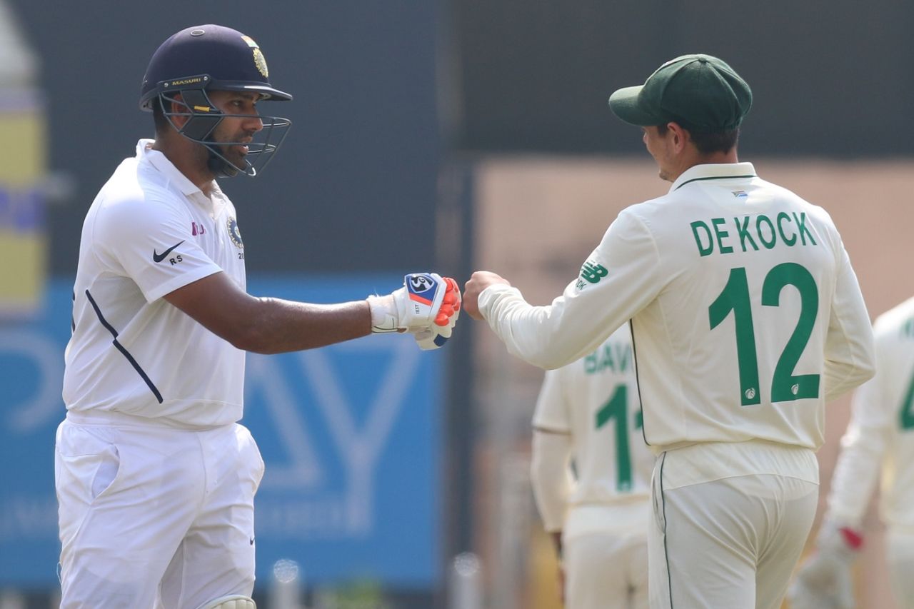 Rohit Sharma is congratulated by Quinton de Kock, India v South Africa, 3rd Test, Ranchi, 2nd day, October 20, 2019