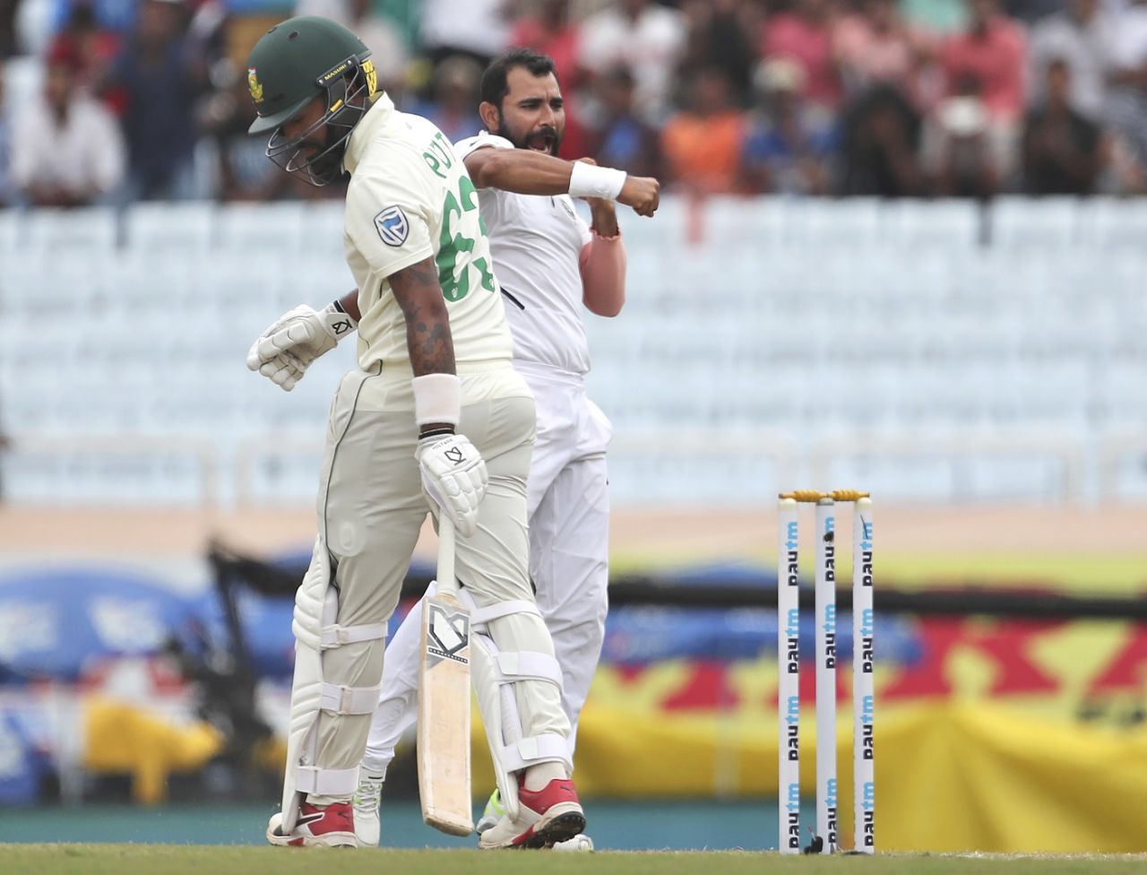 Mohammed Shami reacts after pinning Dane Piedt in front of the stumps, India v South Africa, 3rd Test, Ranchi, 3rd day, October 21, 2019