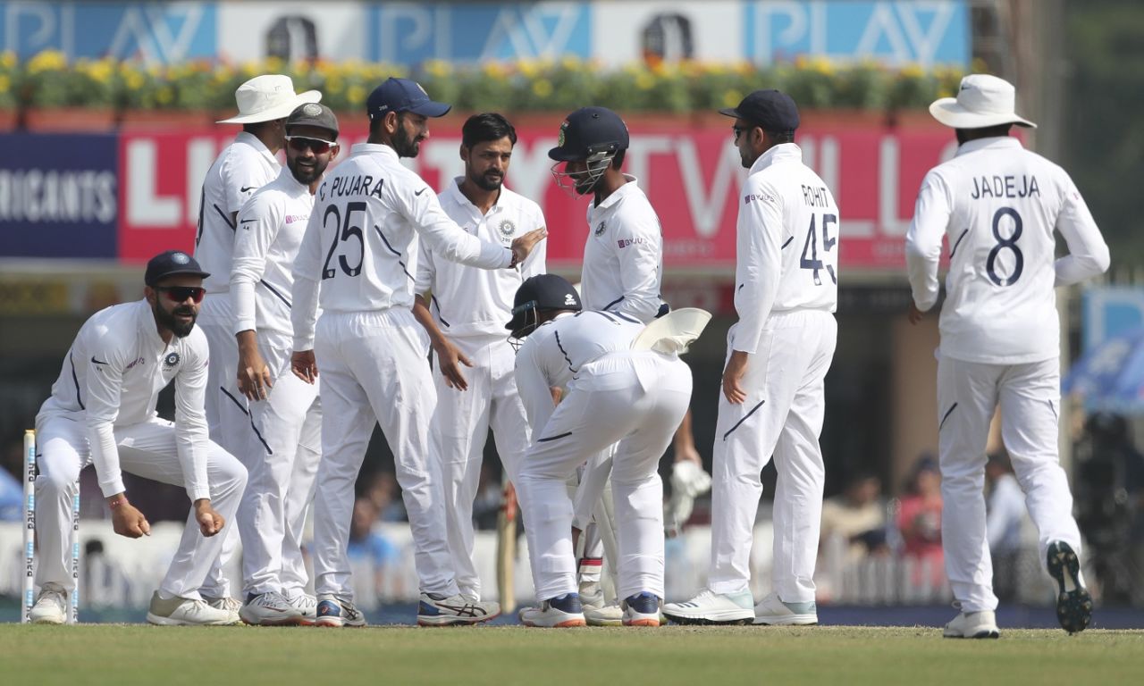 The Indian team congratulates Shahbaz Nadeem, India v South Africa, 3rd Test, Ranchi, 4th day, October 22, 2019