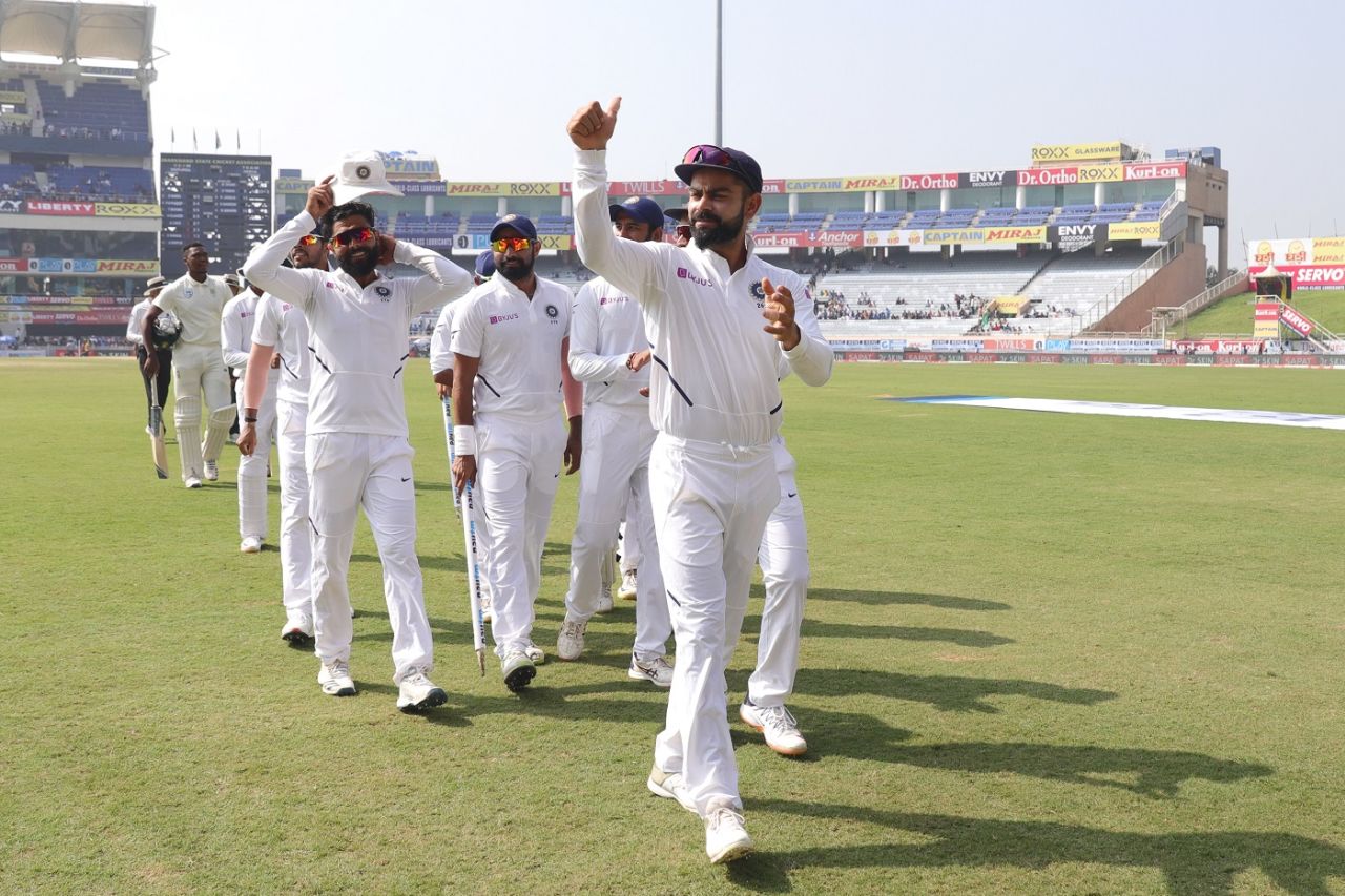 Virat Kohli leads the Indian team off the field, India v South Africa, 3rd Test, Ranchi, 4th day, October 22, 2019