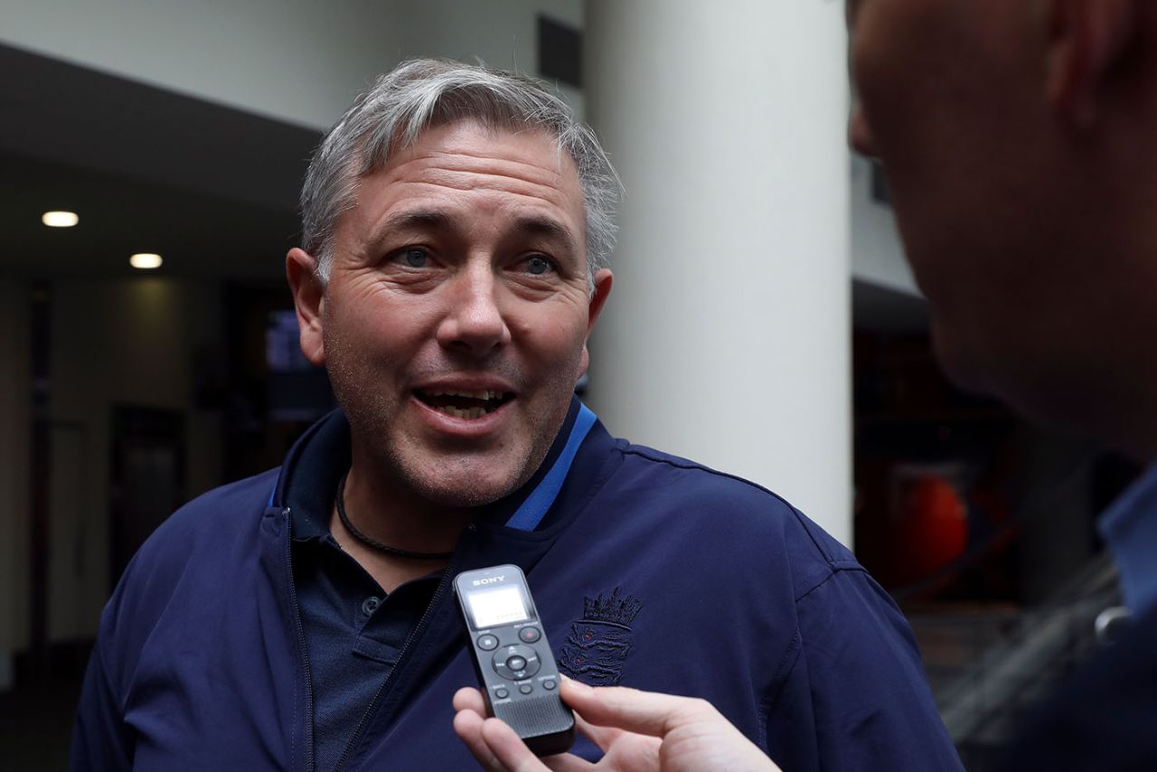 England head coach Chris Silverwood talks to the media on arrival at Christchurch airport, October 22, 2019