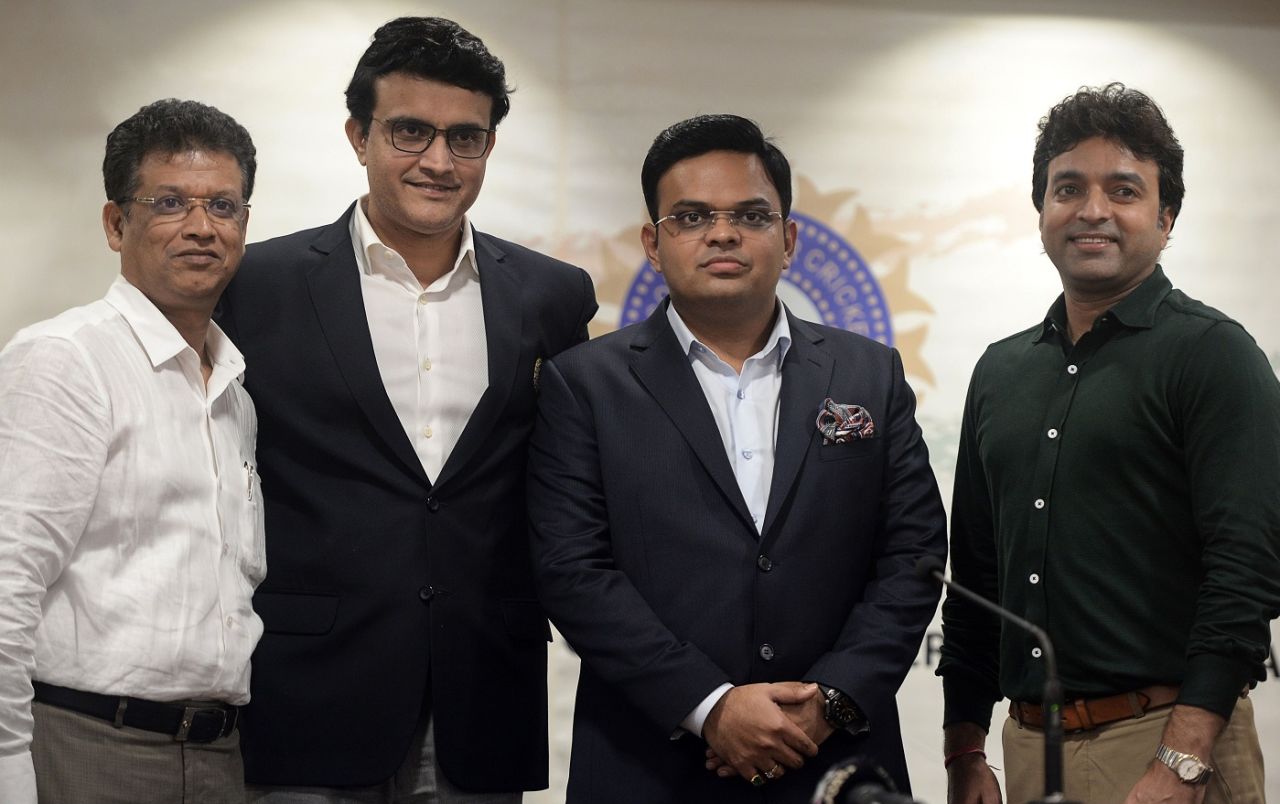 BCCI president Sourav Ganguly and other new BCCI office bearers -  joint-secretary Jayesh George (L), secretary Jay Shah (2R), and treasurer Arun Singh Dhumal - at the board's headquarters, Mumbai, October 23, 2019