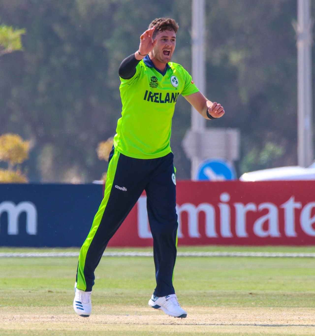 Mark Adair celebrates an edge to the keeper for another wicket, Ireland v Jersey, ICC Men's T20 World Cup Qualifier, Abu Dhabi, October 25, 2019