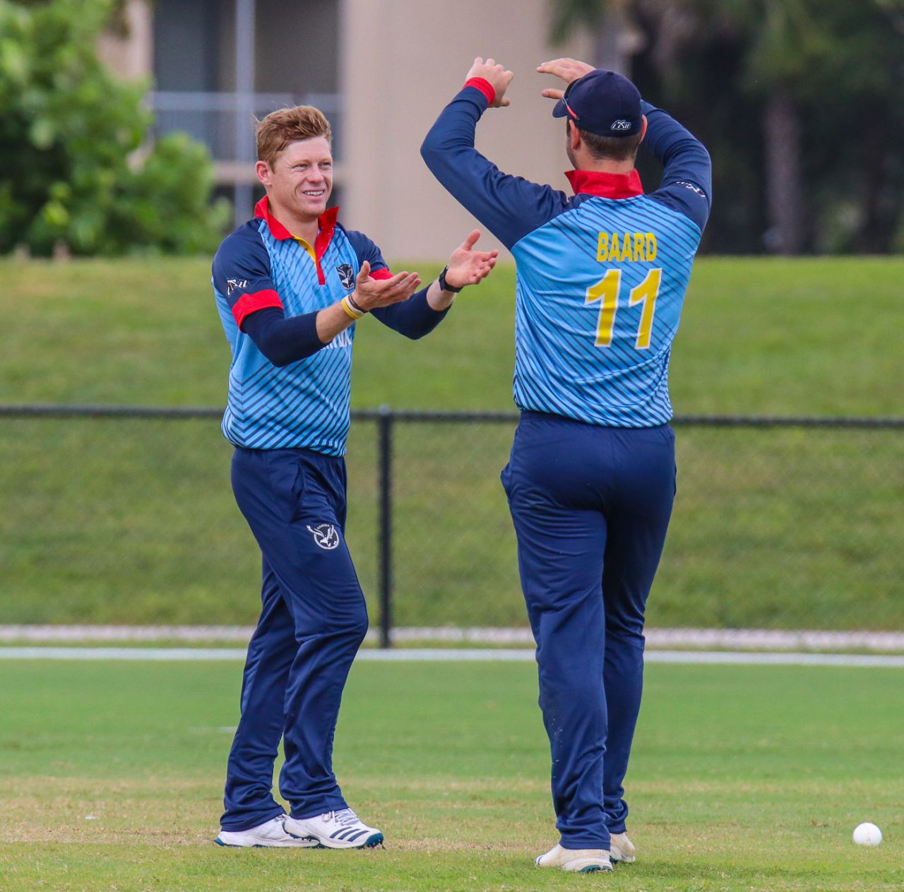 Bernard Scholtz gets congratulated after taking another wicket, Namibia v Papua New Guinea, Cricket World Cup League Two Tri-Series, Lauderhill, September 22, 2019