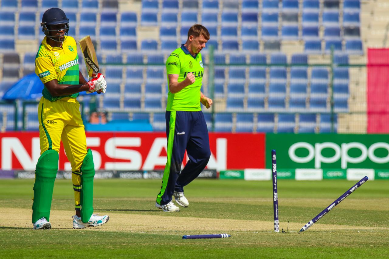 Craig Young bowls Chimezie Onwuzulike for the first of his four wickets, Ireland v Nigeria, ICC Men's T20 World Cup Qualifier, Abu Dhabi, October 26, 2019