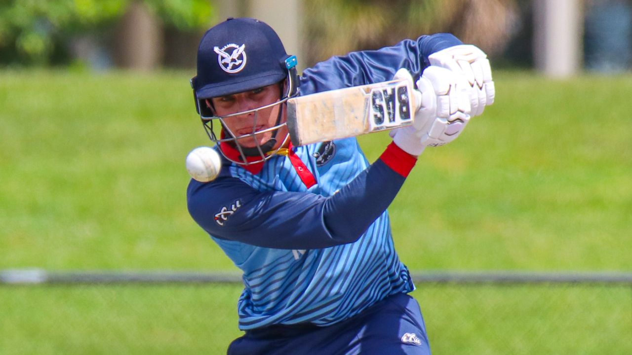 Gerhard Erasmus punches for a run through mid-off, USA v Namibia, Cricket World Cup League Two, Lauderhill, September 20, 2019