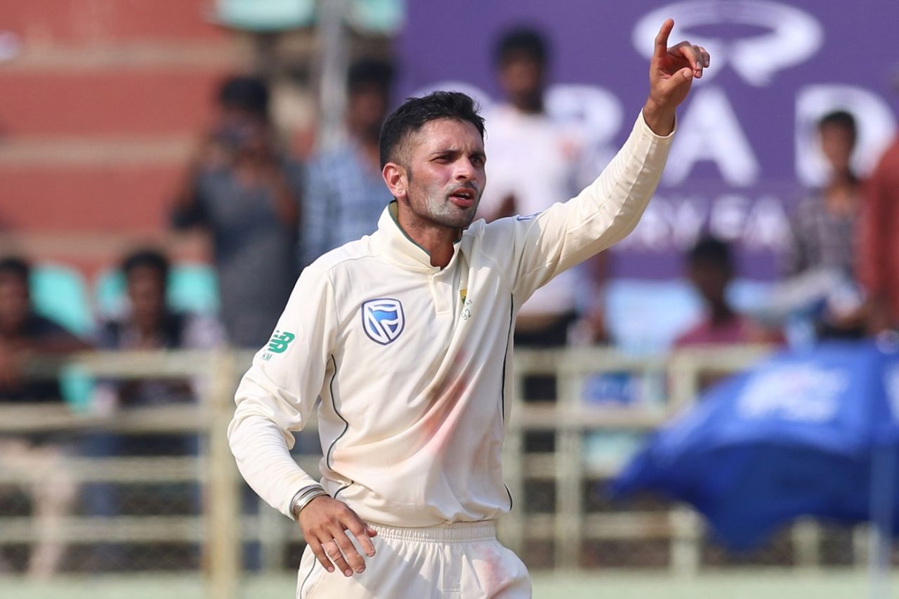 Keshav Maharaj celebrates a wicket, India v South Africa, 1st Test, Visakhapatnam, Day 2, October 3, 2019