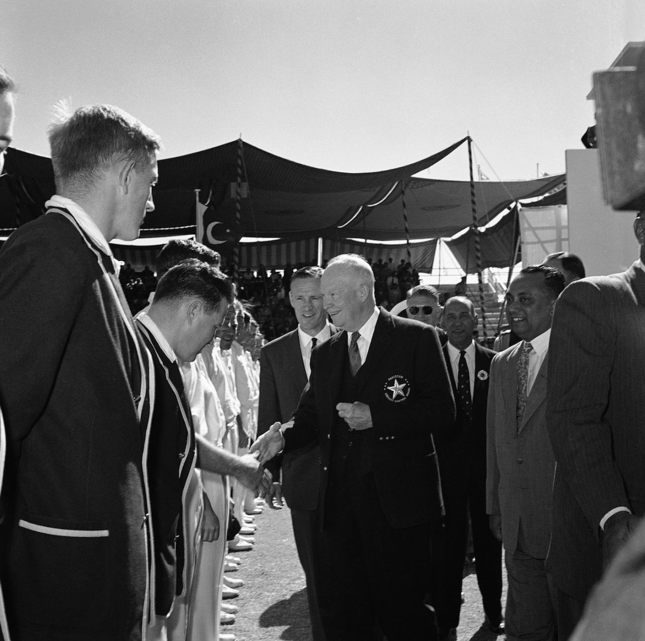 US president Dwight Eisenhower shakes hands with the Australian cricket team, third Test, Australia v Pakistan, National Stadium, Karachi, Dec 4-9 1959
