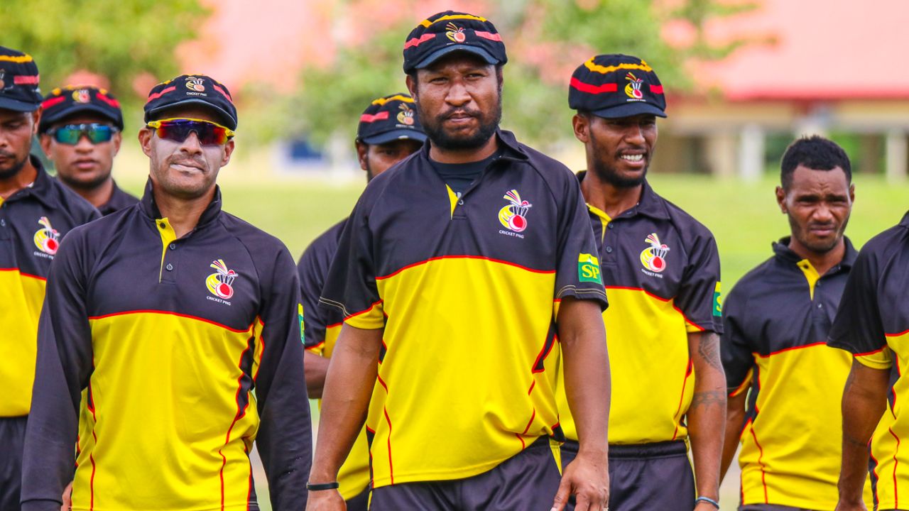 PNG captain Assad Vala leads his team off the field, USA v Papua New Guinea, Cricket World Cup League Two, Lauderhill, September 19, 2019