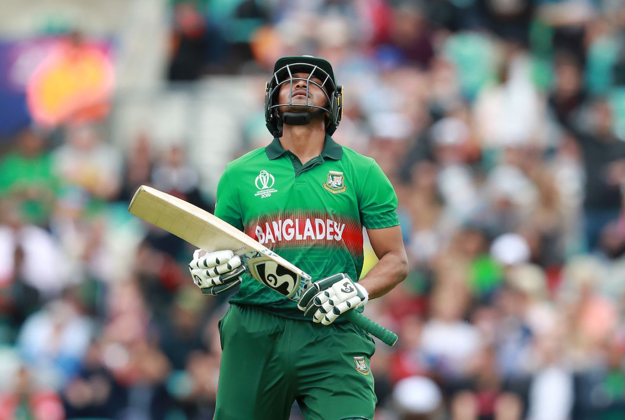 Shakib Al Hasan looks dejected after being caught behind by Tom Latham, Group Stage,  World Cup 2019, Bangladesh v New Zealand, The Oval, London, England, June 05, 2019 