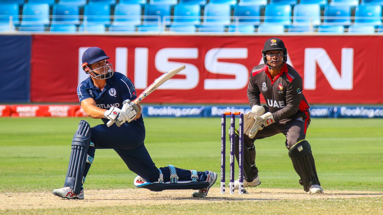 George Munsey gets out the reverse sweep early to clear backward point for six, UAE v Scotland, ICC Men's T20 World Cup Qualifier playoff, Dubai, October 30, 2019