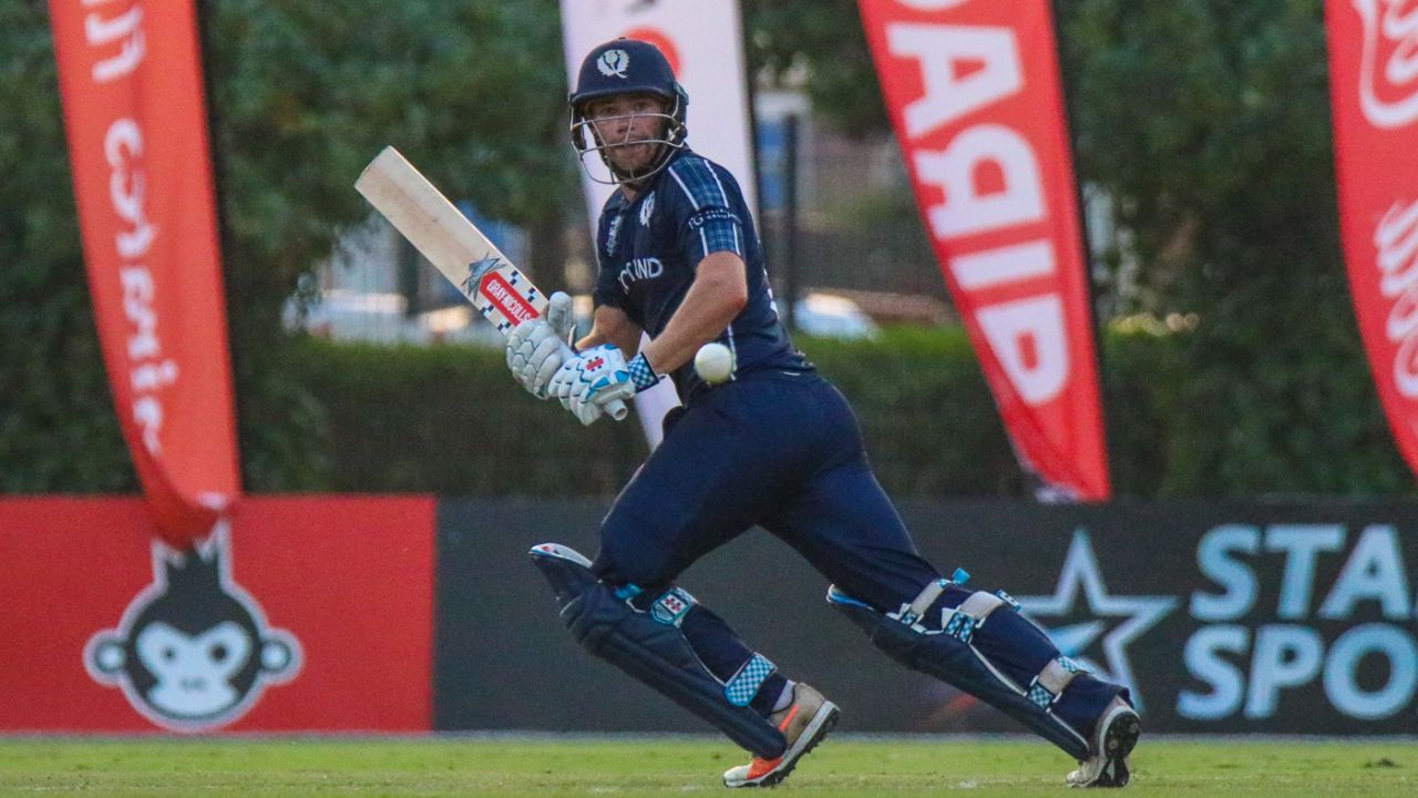 Matthew Cross flicks behind square for quick runs in fading light at the finish, Oman v Scotland, ICC Men's T20 World Cup Qualifier 5th place playoff, Dubai, October 31, 2019