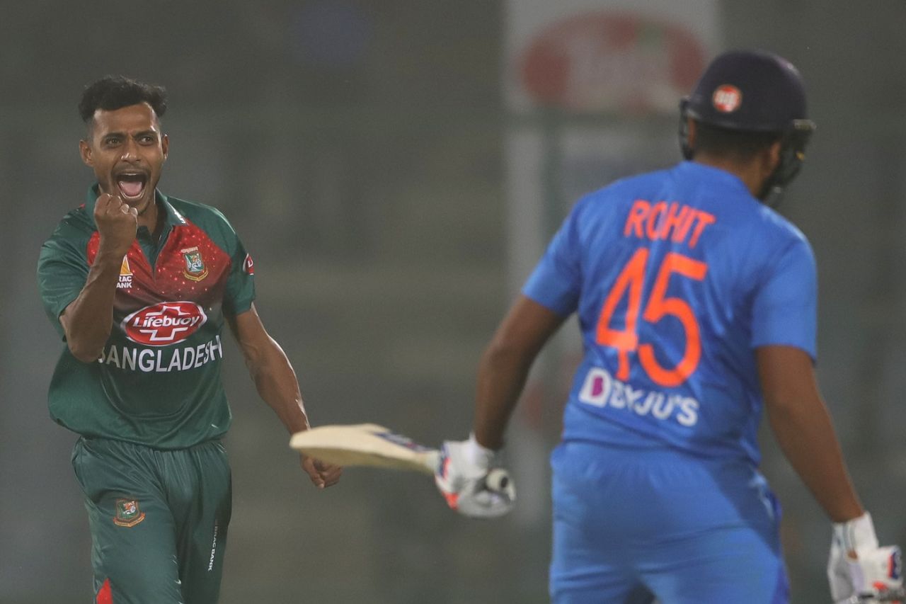 Shafiul Islam celebrates Rohit Sharma's wicket, India v Bangladesh, 1st T20I, Delhi, November 3, 2019
