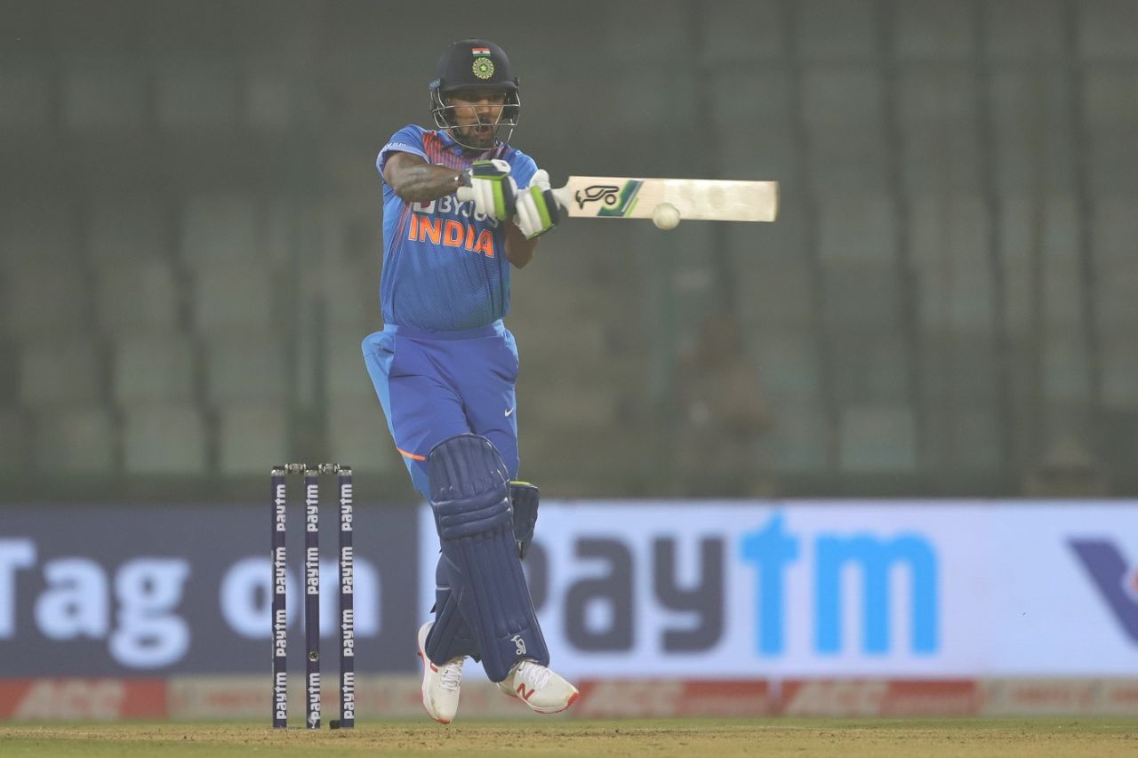Shikhar Dhawan pulls along the ground, India v Bangladesh, 1st T20I, Delhi, November 3, 2019