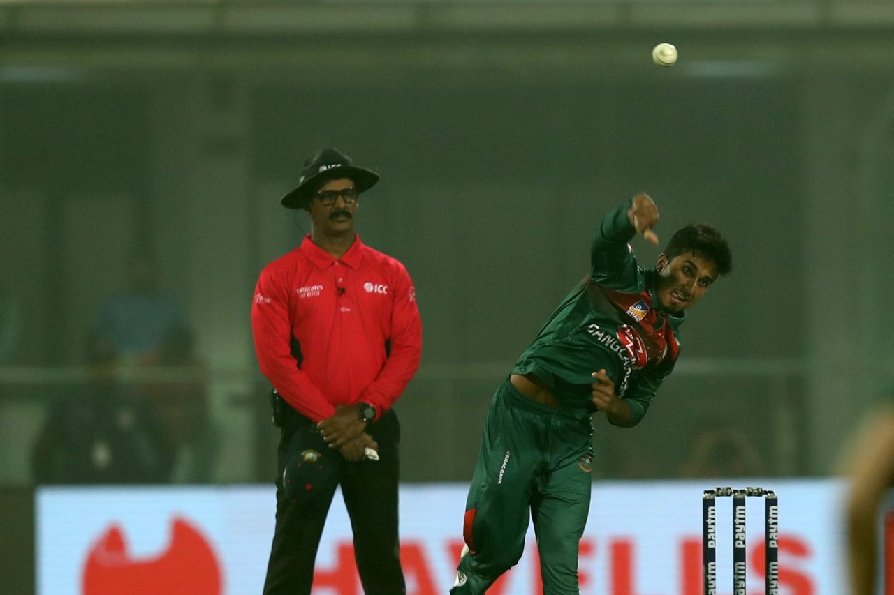 Afif Hossain delivers a ball, India v Bangladesh, 1st T20I, Delhi, November 3, 2019