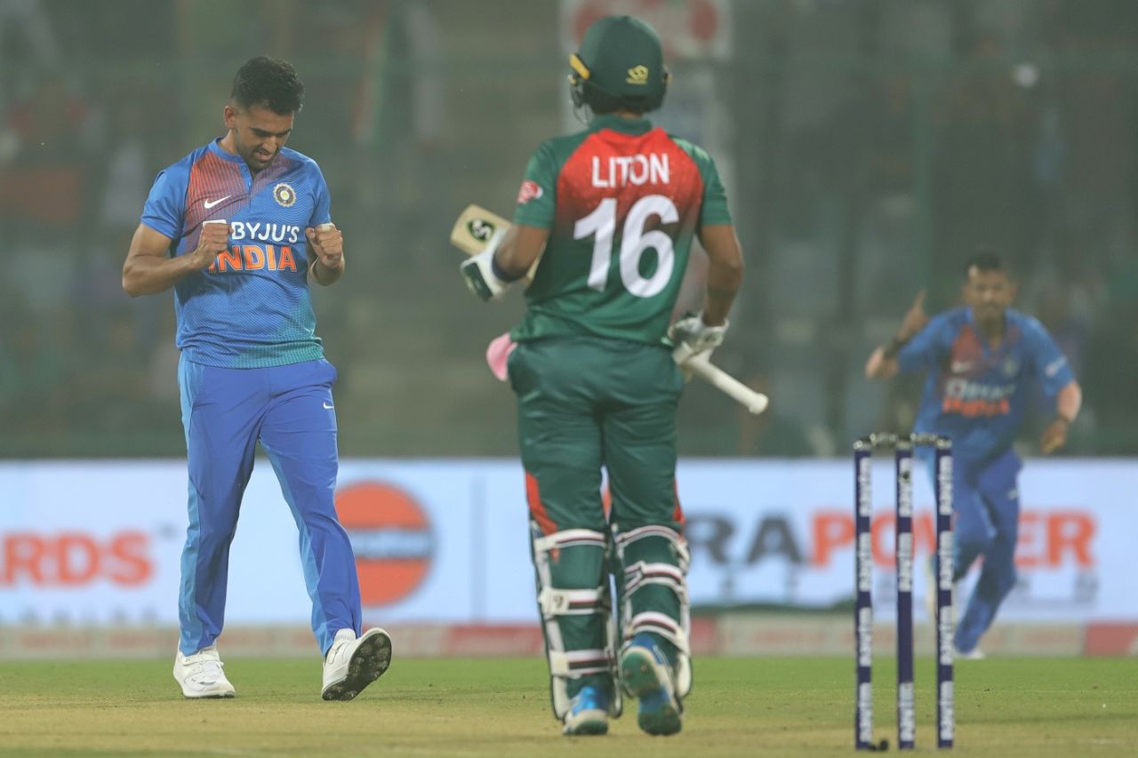 Deepak Chahar celebrates Liton Das' wicket, India v Bangladesh, 1st T20I, Delhi, November 3, 2019