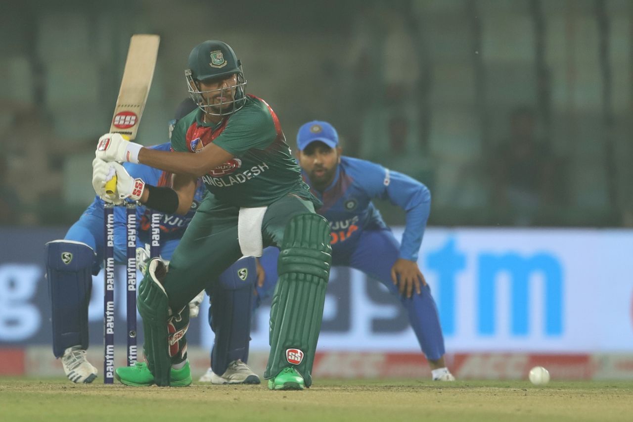 Soumya Sarkar plays the reverse sweep, India v Bangladesh, 1st T20I, Delhi, November 3, 2019