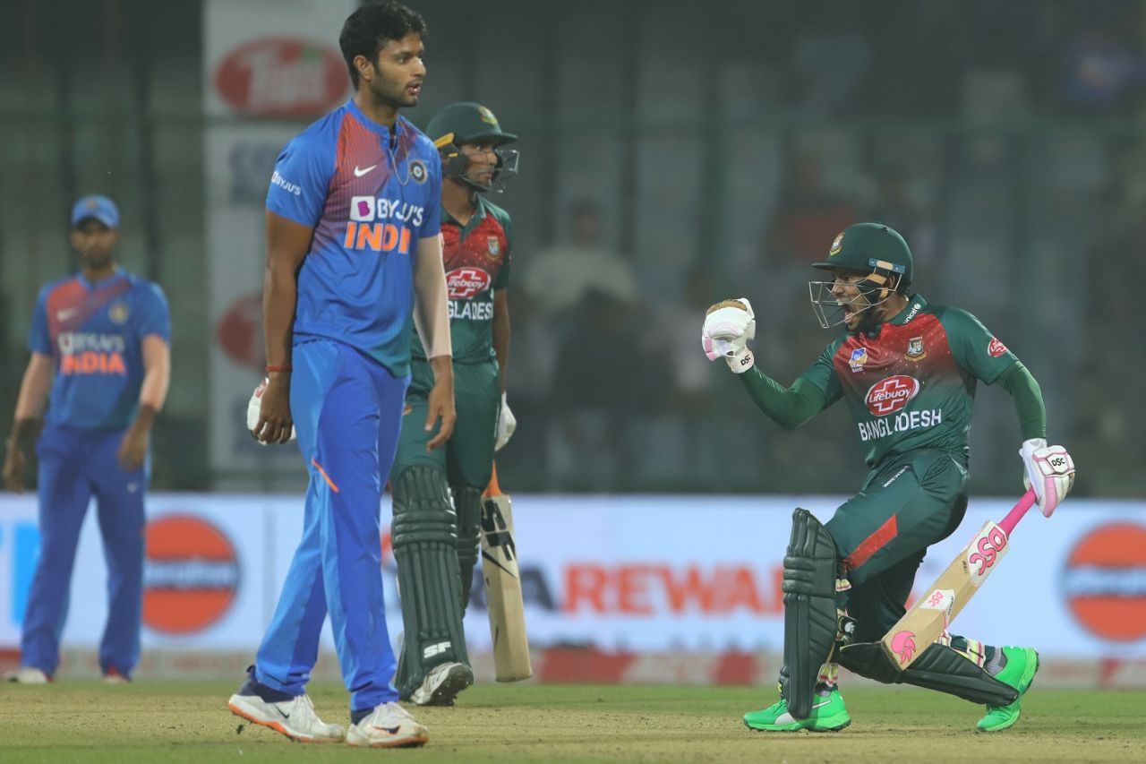 Mushfiqur Rahim celebrates Bangladesh's maiden T20I win over India, India v Bangladesh, 1st T20I, Delhi, November 3, 2019