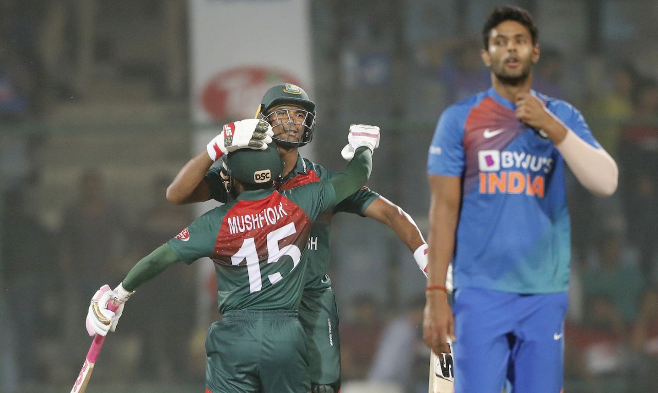 Mushfiqur Rahim and Mahmudullah celebrate Bangladesh's win, India v Bangladesh, 1st T20I, Delhi, November 3, 2019