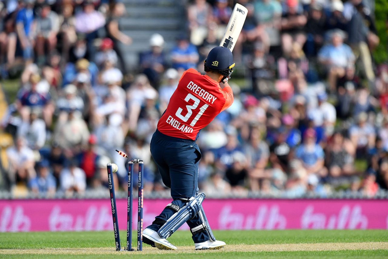 Lewis Gregory was bowled for a two-ball duck, New Zealand v England, 3rd T20I, Nelson, November 5, 2019