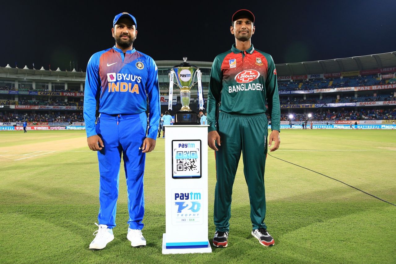 Rohit Sharma and Mahmudullah pose with the T20I trophy, India v Bangladesh, 2nd T20I, Rajkot, November 7, 2019