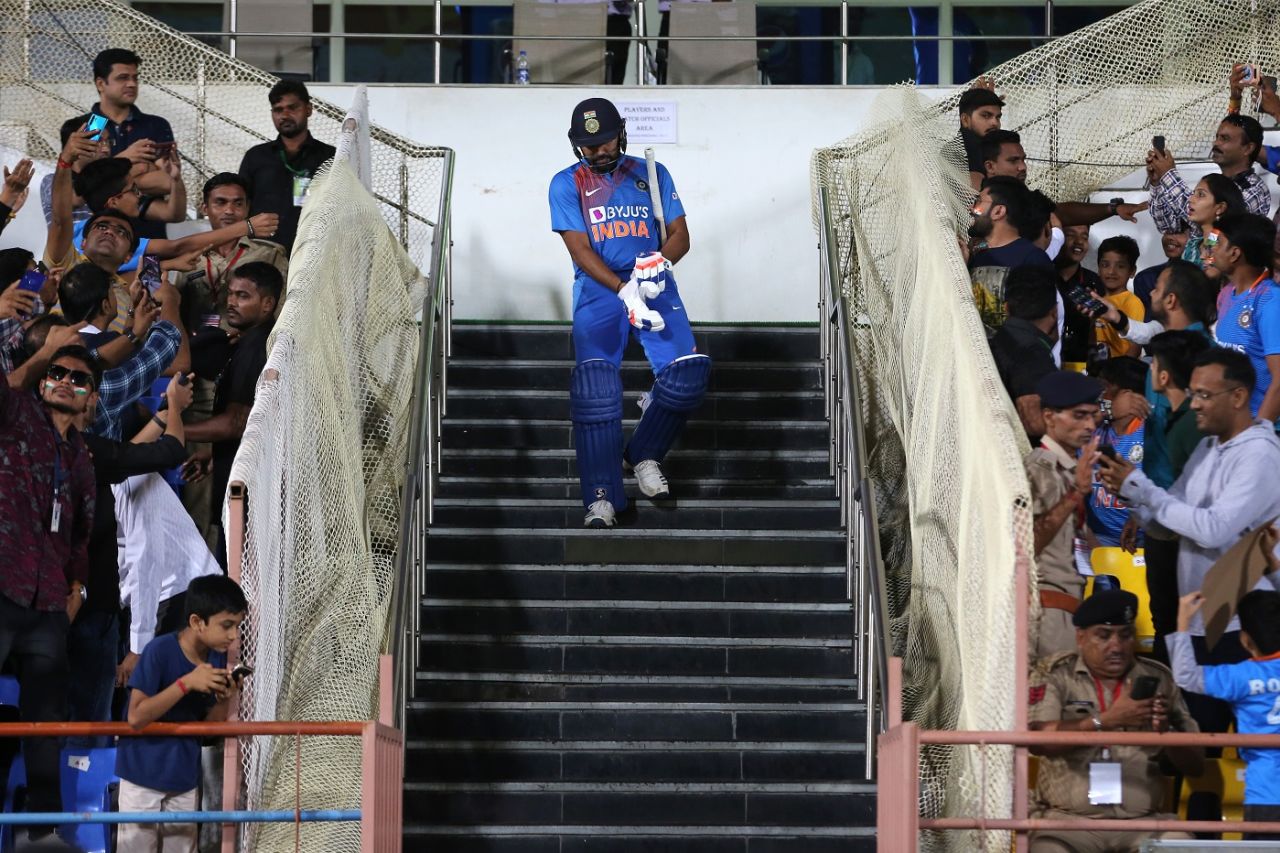 Rohit Sharma walks to bat in his 100th T20I, India v Bangladesh, 2nd T20I, Rajkot, November 7, 2019