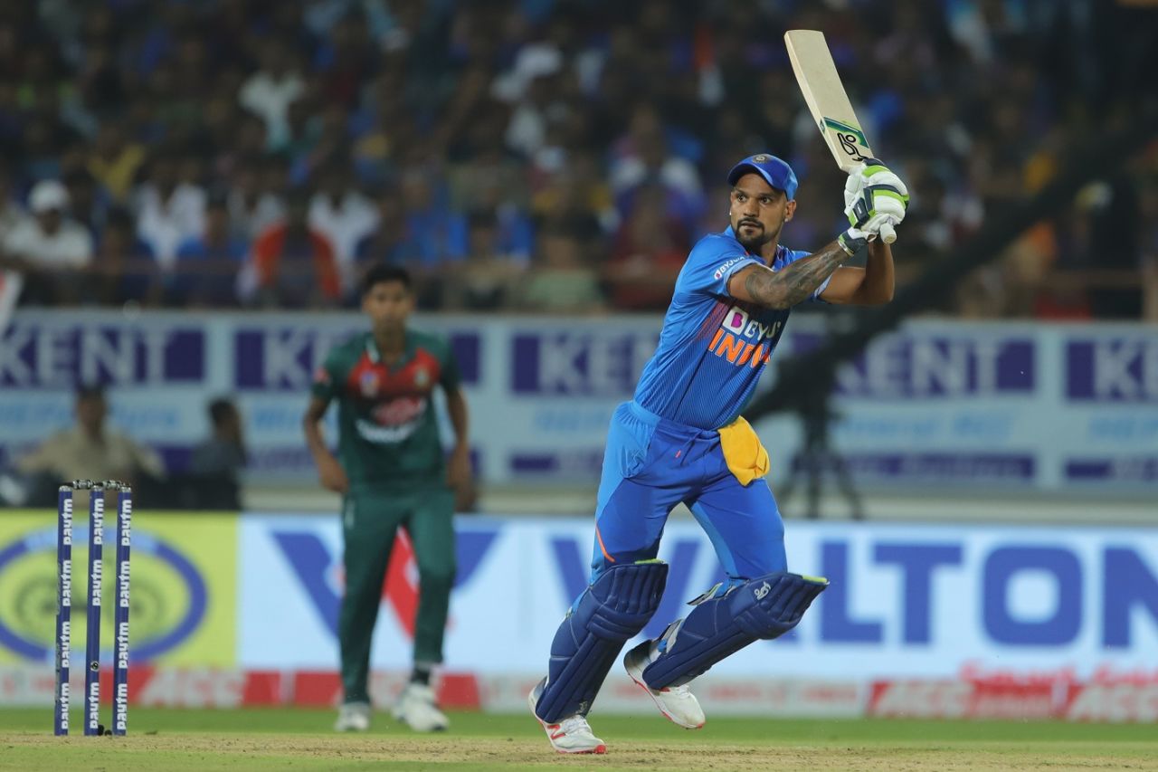 Shikhar Dhawan flicks one on the leg side, India v Bangladesh, 2nd T20I, Rajkot, November 7, 2019